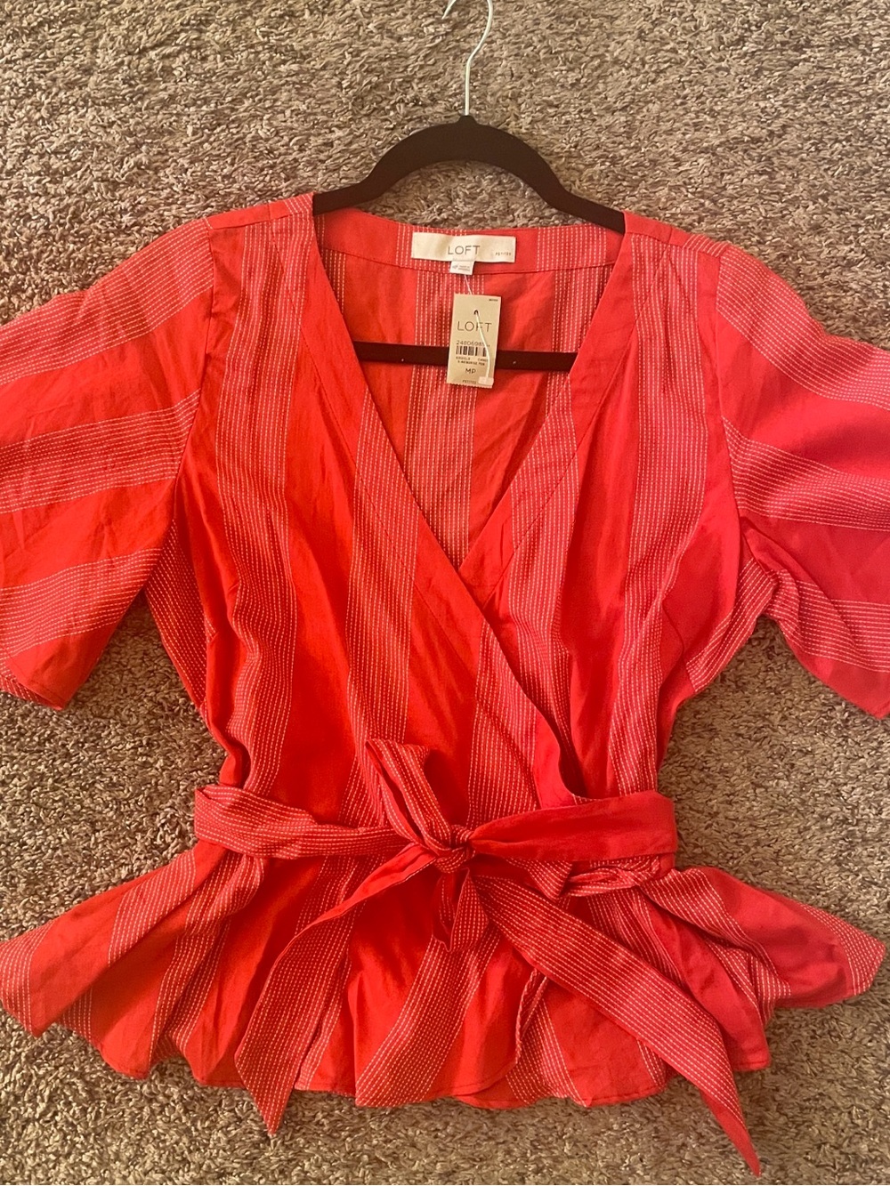 LOFT Red Striped Wrap Peplum Blouse with Tie (MP)